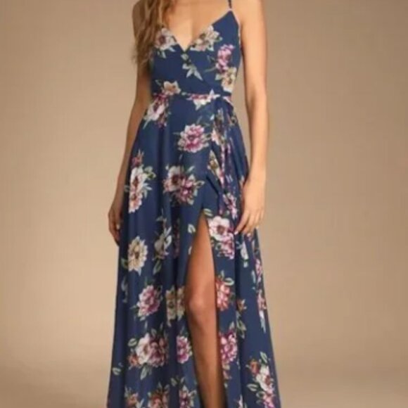 Lulus Always There For Me Navy Blue Floral Print Wrap Maxi Dress Small - Picture 3 of 14